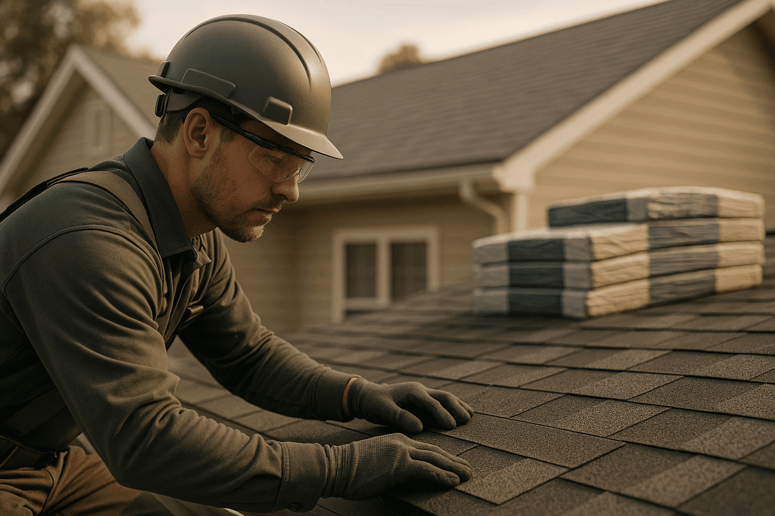 Professional roofer wearing helmet and gloves installing shingles on a residential roof